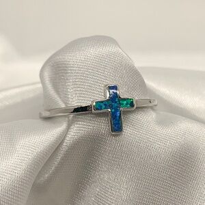 Elegant Silver Cross Ring with Blue and Green Accents